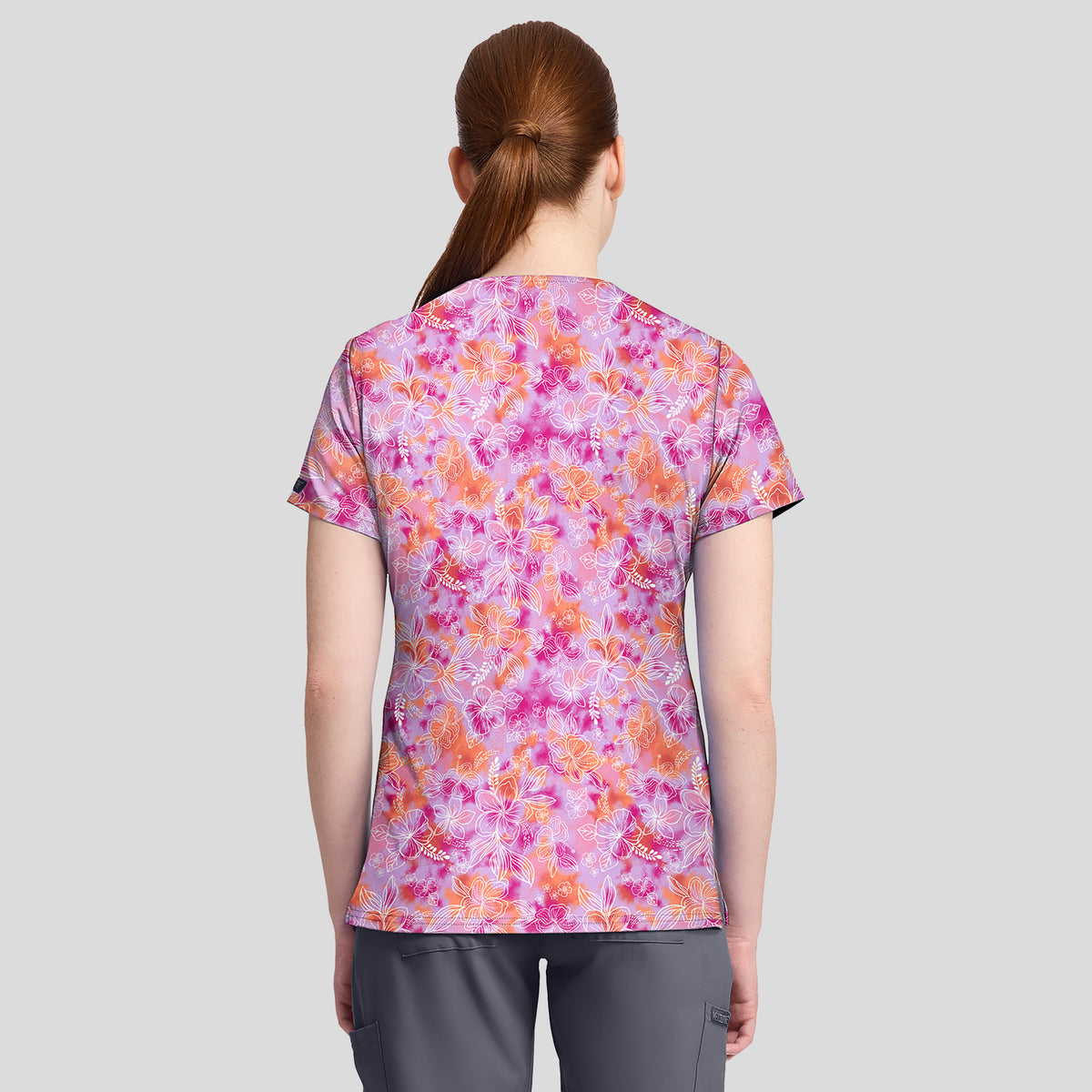 1-Pocket STRETCH V-Neck Print Scrub Top | Hello Hibiscus