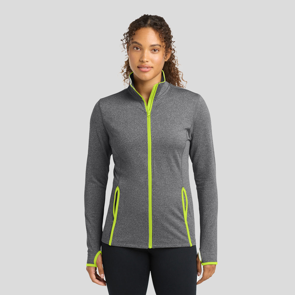 Women's Sport-Wick® Stretch Contrast Full-Zip Jacket | Charcoal Grey Heather/Charge Green
