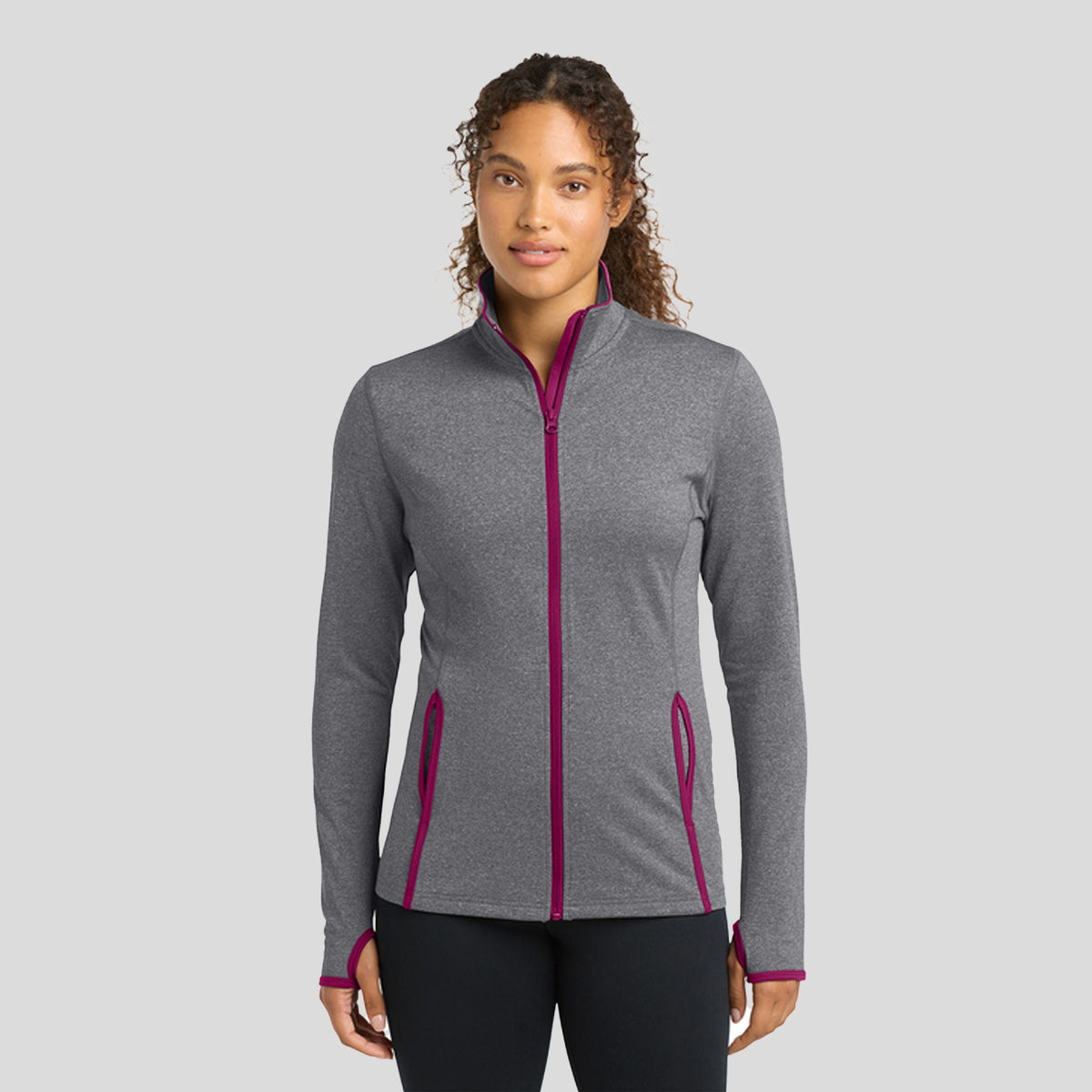 Women's Sport-Wick® Stretch Contrast Full-Zip Jacket | Charcoal Grey Heather/Pink Rush